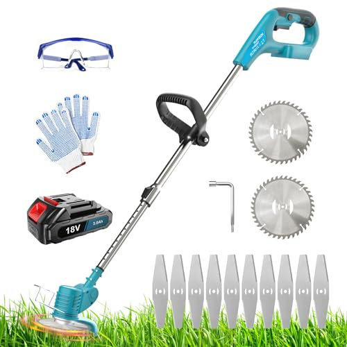 18V Rasenkantenschneider, Ersetzen für Makita 18V BL1830 BL1850, 90° drehbarer Trimmerkopf, Teleskopstiel, 10x Metallklingen,2X Sägeblättern (Ohne Akku)