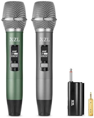 XZL Rechargeable Wireless Microphones with 1/4 Receiver, Two Cordless UHF Mics, Plug-and-Play & Long-Distance Transmission for Karaoke Singing, Stage Performance, Wedding Host, Church (Gray&Green)