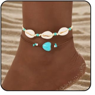 Vakkery Bracelet de cheville bohème réglable multicouche turquoise plage pour femme