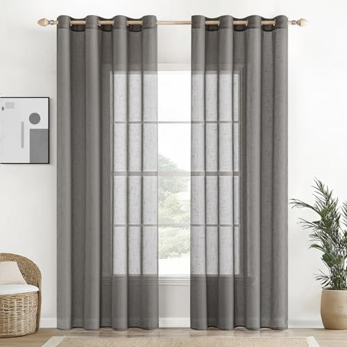 EMEMA Voile Vorhang Sheer Leinenvorhang Transparente Leinen Gardinen Ösenschal Wohnzimmer Wohnzimmer Modern 2er Set Fensterschal Dekoschal Schlafzimmer mit Ösen 140 x 225cm (B x H) Dunkelgrau