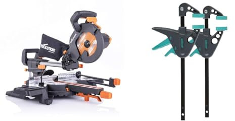 Evolution Power Tools - Scie à Onglets Coulissante Multi-Matériaux R210SMS-300+ avec le Pack Plus & wolfcraft 3455100 - Mini Serre-joints à une Main EHZ - Saillie 40, Ouverture 110 mm