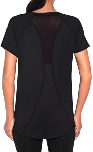 Wayleb Sportshirt Damen Kurzarm, V-Ausschnitt Sport T-Shirt Leicht Atmungsaktiv Funktionsshirt Laufshirt Trainingsshirt Back Mesh Locker Lang Fitness-T-Shirt Sportoberteile, Schwarz XXL