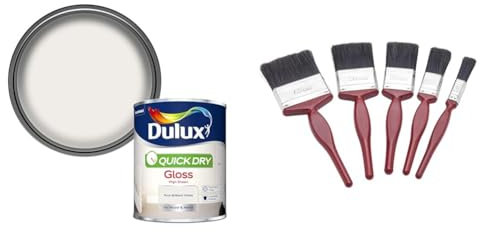 Dulux Quick Dry Gloss Paint For Wood And Metal - Pure Brilliant White 750 ml & Fit For The Job 5 pc Mixed Sizes Paint Brush Set for a Smooth Finish with Emulsion, Gloss, Satin on Walls, Ceilings