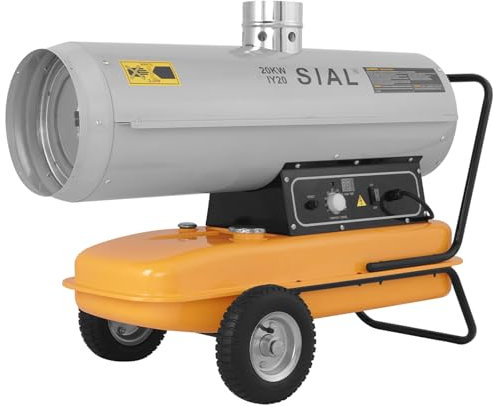 SIAL 20 kW Indirekte Ölheizer Heizkanone Diesel Bauheizer Bautrockner 800 m³/h Heizgebläse 32 L Tank mit Thermostat/Überhitzungsschutz Silber IY20