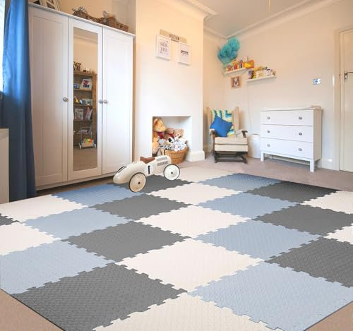 Linarun Baby Play Mat EVA Foam Mats 18Pcs Foam Play Mat for Floor Tiles Interlocking Floor Mats for Children 30x30x1.2cm Non-toxic Baby Playmat, Grey Blue Series