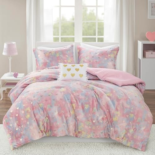 Mi Zone Queen-Bettwäsche-Set, 4-teilig, Metallic-Herzen, Schlafzimmer-Set für Mädchen, Queen-Size-Bett-Set, weiche Plüschdecke, Rosalie, Flauschiges Queen-Size-Bettwäsche-Set, Full/Queen, Pink