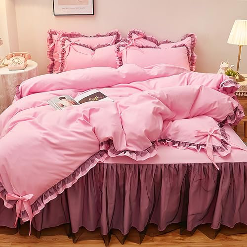GETIYA Hellrosa Rüschen Bettwäsche 135x200 Elegant Rüschen Bettbezug mit Schleife Rosa Einfarbig Bettwäsche Mikrofaser Damen Mädchen Bettwaesche Einzelbett mit 1 Kissenbezug 80x80