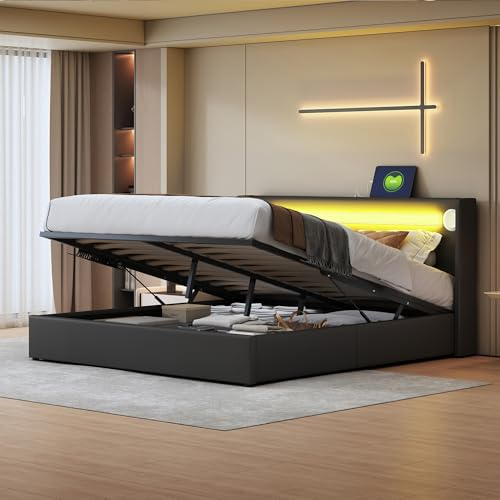ZUUYEE Polsterbett 160x200 mit LED-Lichtleiste, Bluetooth-Player und USB-Aufladung, Doppelbett 140x200 mit Stauraum, PU-Leder-Polsterbett, Schwarz