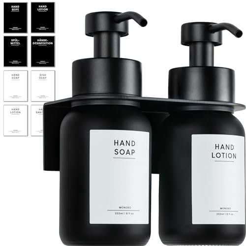 MONOKO | Glas Seifenspender Wandbefestigung ohne Bohren | Wandhalterung Spülmittelspender Küche | Seifenspender schwarz selbstklebend | 250ml mit Edelstahl Pumpspender