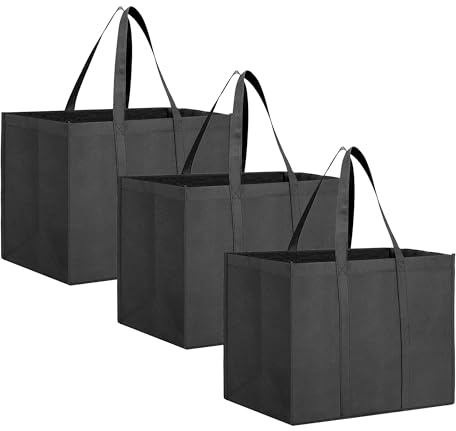 Lunyloer Black 3 Pcs Foldable Washable Reusable Grocery Bags - 41x33x26cm | Lightweight Shopper Tote Bag With Hook for Daily Life, Picnic, Camping