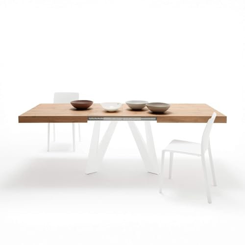 MOBILI FIVER, Ausziehbarer Esstisch Romina 140(220) x90 cm, Rustikale Eiche, Weiße Eisen Beine, Made In Italy