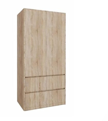 BDW - Kleiderschrank mit Schubladen - Schrank 90 cm breit, 181 cm hoch, 51 cm tief - Flurschrank 2 türig, mit Kleiderstange und Einlegeböden - für Schlafzimmer, Kinder, Flur - Sonoma-Eiche