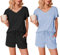 Ekouaer Pijama Mujer Verano Pijama Corto Mujer Paquete de 2 Mangas con Volantes Escote en Pico Suave Camiseta y Pantalón Corto, Negro + Azul Claro, S