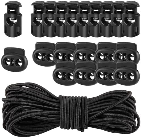GORGECRAFT 10m 3mm Elastic Cord with 20Pcs Spring Locks Black Stretch Drawstring Bungee Rope Round String Sing Double-Hole Plastic Toggles Stoppers Slider Ends Clamps for Sewing Shoelaces
