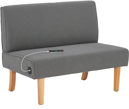 HOMCOM Sofá de 2 Plazas con 2 Puertos USB Tapizado en Pana Sofá de Salón sin Brazos con 1 Puerto Tipo-C Asiento de 20 cm y Patas de Madera Carga 220 kg 110x60x85 cm Gris