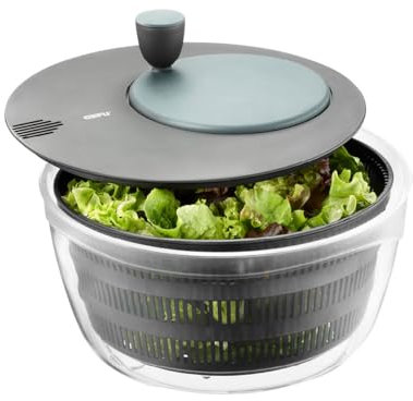 GEFU Salatschleuder mit Frischhaltedeckel | 3L Kunststoff-Schüssel mit Siebeinsatz & Kurbelantrieb | Schwarz/Grau