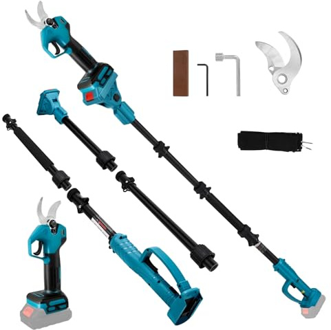 Tijeras de podar a batería con barra telescópica 2 m, compatible con Makita 18V batería (sin batería), podadora sin escobillas con 2 marchas, pantalla digital, diámetro de corte 30mm, piedra de afilar