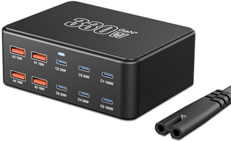 330W USB Ladegerät Mehrfach,GaN III 10 Ports Schnellladegerät Ladestation mit 6 USB-C und 4 USB-A Charger PD PPS 100W Laptop Ladegerät Adapter für MacBook Pro/Air,iPad Pro/Air,Sumsung