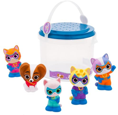 Disney Store Official, SuperKitties, Bitsy, Ginny, Sparks, Buddy y Sr. Patitas, Set Juguetes baño, 5piezas, Cubo de tapadera-colador, Juguete para baño, Piscina Infantil y jardín, a Partir de 6 Meses
