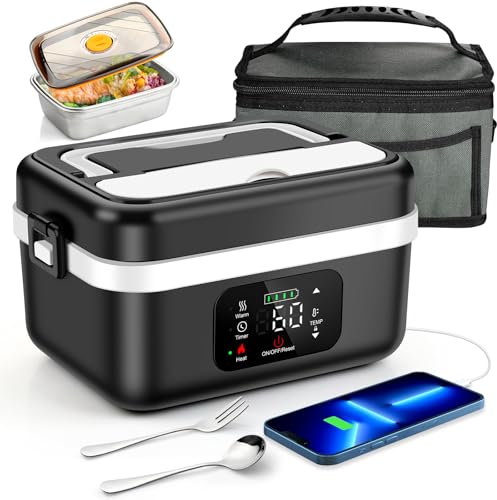 Fagalil Cordless Electric Lunch Box, 1L Battery Powered Heated Lunch Box for Adult Portable Stainless Steel Food Warmer with Tableware and Insulated Bag for Car Work Travel Picnic Home