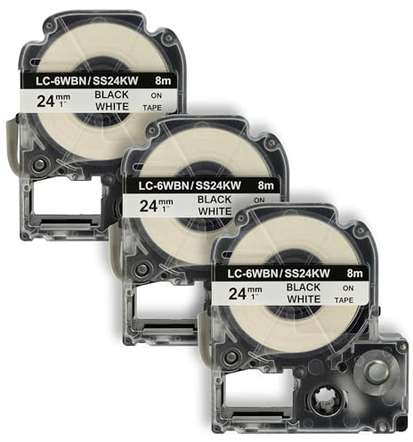 vhbw 3x Schriftband-Kassette Ersatz für Epson LC-6WBN für Etiketten-Drucker 8m x 24mm Schwarz auf Weiß