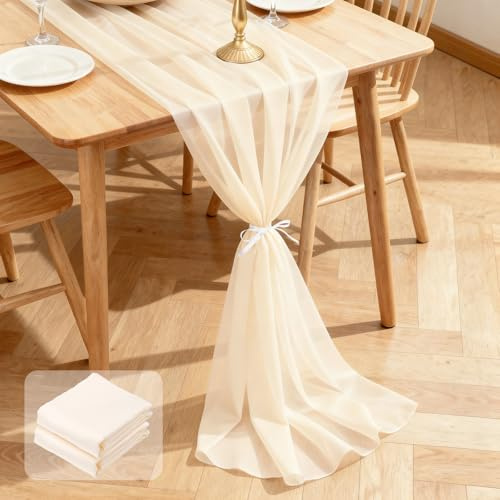 Segus Tischläufer Beige, 2 Stück 70x300cm Chiffon Tischläufer Modern, Table Runner Waschbar, für Hochzeitsdeko, Tischdeko Geburtstag, Party Deko, Hochzeitsbogen