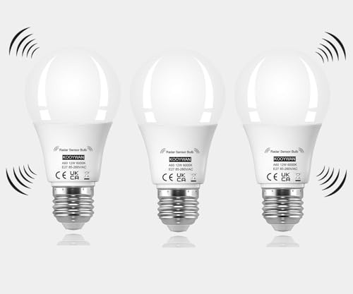 KOOYWAN 12W LED Lampe mit Bewegungsmelder Kaltweiß 6000K 3 Stück | Radar- und Lichtsensor. Kein Dauerlicht ohne Bewegung. Gute Wärmeableitung und 25000H Lebensdauer. Für Flur und Garage.