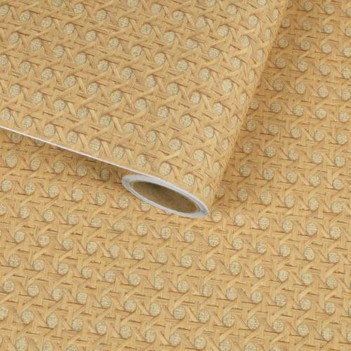 VaryFloral Papier Peint Autocollant Mural Effet Rotin Rouleau Adhesif pour Meuble 30cmx300cm Bois Brun Clair Papier Peint Adhesif Mural Mat Stickers Muraux Sangle Imitation Canne Deco Murale Armoire