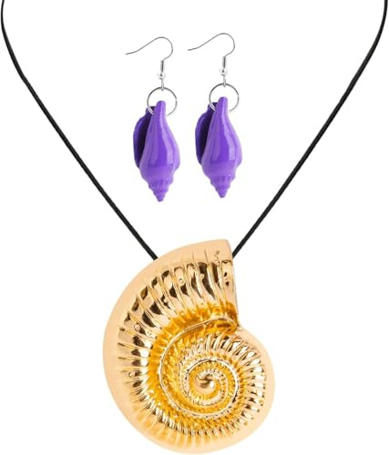 WEITAPYT Muschelkette 1 Paar Violette Muschelohrringe Gold Muschel Halskette für Frauen Karneval Halloween Boho Conch Choker Anhänger für Oktopusse Ozean Meeresmuschel Strand Schmuck