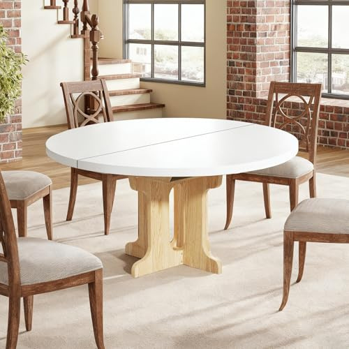 TWSOUL Mesa de Comedor Extensible Redonda, Mesa de Cocina Convertible Ovalada con Estante de Almacenamiento, MDF con Acabado Nogal, para 4-6 Personas, 90-120 x 90 x 75 cm