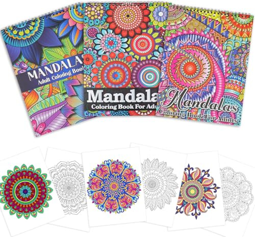 Thuro 3 Stück Mandalas-Malbücher für Erwachsene,Malbuch-Set für Erwachsene für Frauen,60 Entspannende Mustern,Spiralbindung Malbücher für Frauen und Männer