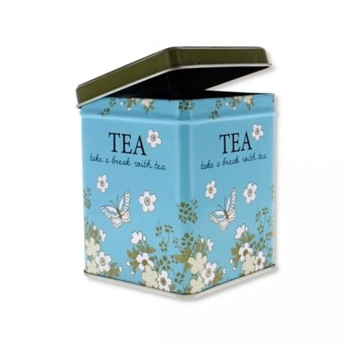 Lettuce Eat® Set of 2 - Cottage Garden - Traditional Retro VIntage Square 100g Tea Caddy/Kitchen Storage Tins - BLUE 10 x 7.5cm