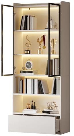vutizal Bibliothèque Vitrine LED avec Contrôle App, 180 cm - Meuble de Rangement avec Portes en Verre, 6 Étagères et Tiroir, Blanc pour Salon, Bureau, Chambre