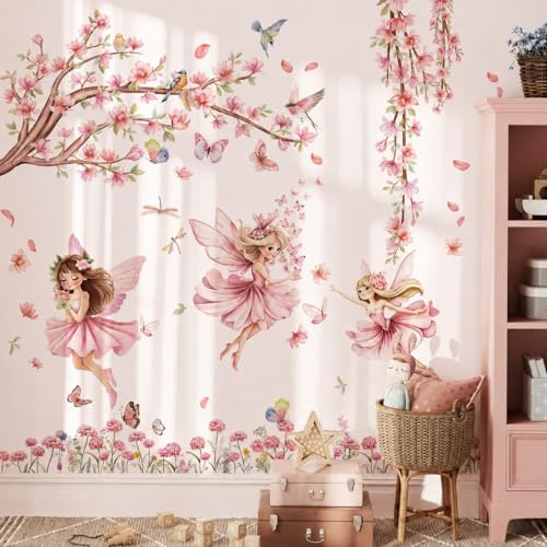 WandSticker4U®- Wandtattoo FEE mit Kirschblüten Baum in Rosa groß (115x95 cm) I Wandtattoo Kinderzimmer Mädchen Feen Elfen Blumen I Wandsticker Kinderzimmer Deko Mädchen Prinzessin