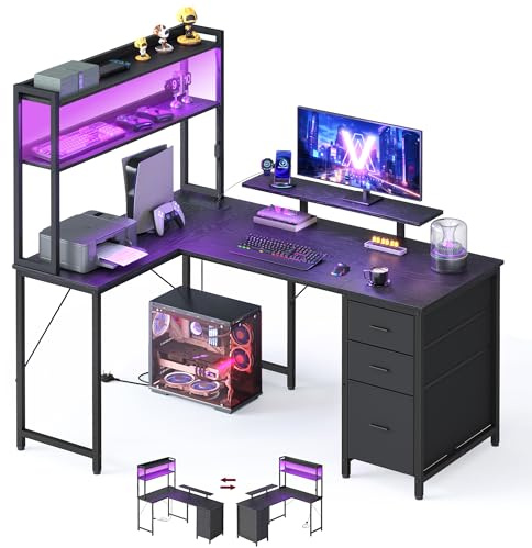 VASAGLE L-Shaped Computer Desk with LED Lights and Power Outlets, Corner Gaming Desk with 3 Drawers and Monitor Stand, 140 x 100 x 150 cm, Black, Barnet Collection LWD162B102