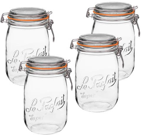 Bocal Super Le Parfait : Bocaux de mise en conserve en verre français de 1 l avec corps rond, bouche large, couvercle hermétique (Transparent, 907 ml/Quart, lot de 4)