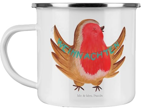 Mr. & Mrs. Panda Camping Emaille Tasse Rotkehlchen Weihnachten - Geschenk, Weihnachtsmotiv, Outdoor Tasse, xmas, Edelstahl Trinkbecher,