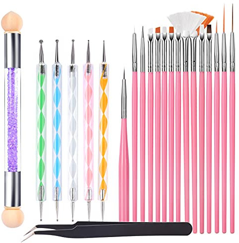 22 PCS Lot de Brosses à Ongles, FANDAMEI 15 Pcs Pinceaux Ongles Nail Art Brosses, 5 Pcs Dotting Pens Tool Nail Art, Double Tête Brosse Éponge pour le Nail Art, Pince à Épiler (Violet)