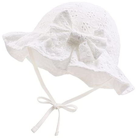 XIAOHAWANG Sommerhut Baby Mädchen UV Schutz Sonnenhut Mütze Baby Sommer Mützen Baumwolle Mit Schleife und Bindebändern (Weiß, 48cm(6-12 Monate))