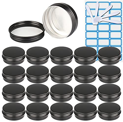 ZEOABSY 20 Pièces 30ml Pots en Aluminium Vide Rond Noir Mat Petit Cosmétiques Pot Conteneurs for Fait Main Bougies Crème Baume Voyage, 5X Spatule, 1x Étiquettes