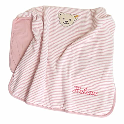 Steiff Nickidecke mit Ihrem Wunsch-Namen Bestickt rosa gestreift 90 cm x 60 cm als Namensdecke personalisierte Babydecke Silver pink