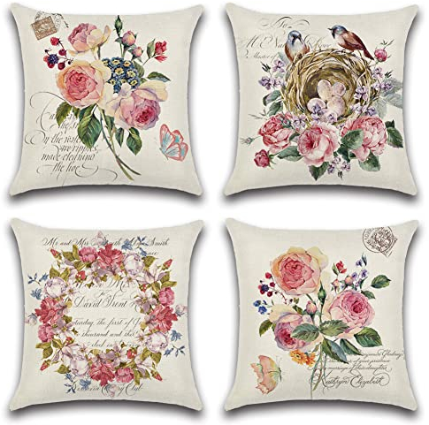 Artscope wasserdichte Kissenbezugen, 4er Set Frühling - Romantisch Kissenhülle Atmungsaktiv Kissen Fall für Outdoor Balkon Terrasse Patio Garten Bauernhaus Dekor 45x45CM