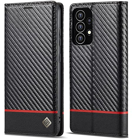ZTOFERA Flip Wallet Case for Samsung Galaxy A53 5G (6.5), Premium PU Leather Carbon Fiber Folio Case with Card Holder Magnetic Closure Stand View Protective Phone Cover, Horizontal Red Line