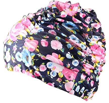 Cuffia da nuoto per capelli lunghi, cuffia regolabile elasticità, cappello da nuoto da donna, in tessuto alla moda, attrezzatura da nuoto per adulti, uomini e donne, adolescenti (fiore nero rosa)
