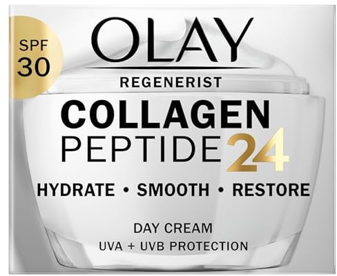 Olay Collagen Peptide 24 Moisturiser 50ml, Face Cream with SPF 30 Protection + Collagen Peptide & Vitamin B3, Instantly Hydrates for 24H