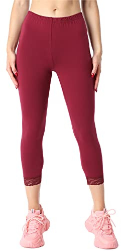 Bellivalini Damen 3/4 Capri Leggings aus Bio-Baumwolle mit Spitze für Tunika BLV50-224 (Weinrot, S)