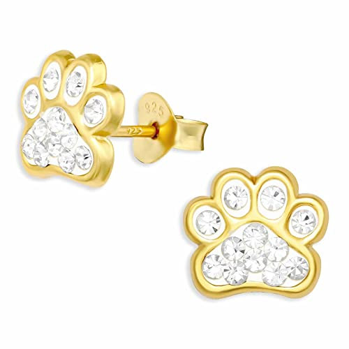 Monkimau Glitzer Pfoten Ohrstecker Ohrringe aus 925 Silber Schmuck Silberohrringe Medizinisch für Kinder Mädchen Damen Frauen Gold plattiert
