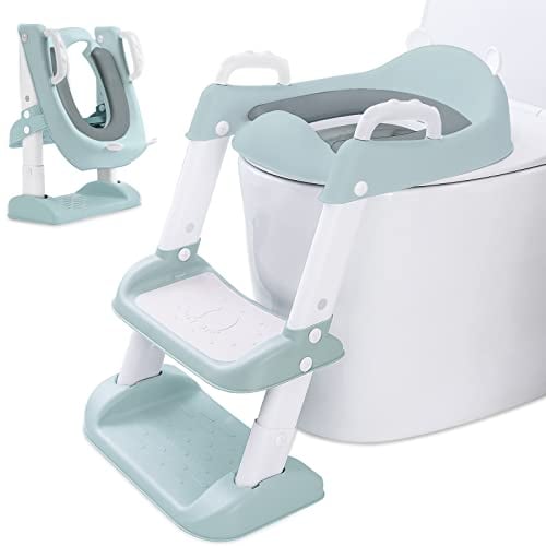MUOIVG Toilettensitz Kinder Kinder WC,Toilettensitz für Kleinkinder mit Treppe,Toilettenaufsatz Kinder, Verstellbar Toilettentrainer mit PU-Sitzkissen, Rutschfest, für Jungen und Mädchen Baby