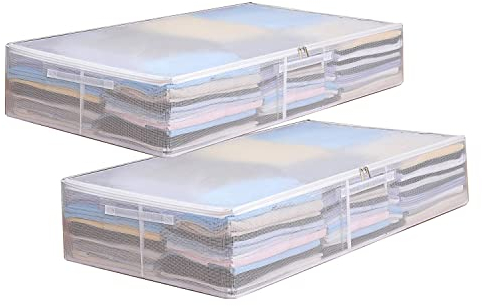 ANAMPION 2 Stück Faltbare Unterbett-Aufbewahrungstaschen, Weiß Transparent Unterbett Aufbewahrungsbox Mit Sichtfenster Faltbarer Organizer, Unter Dem Bett Oder auf Dem Schrank 80 x 47 x 15 CM
