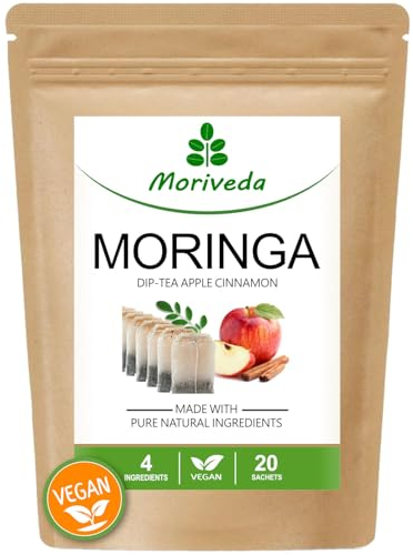 MoriVeda Moringa Dip Tee 100% natürlich & vegan (wahlweise Moringa-Blattmischung, Apfel-Zimt, Granatapfel, Ingwer, Minze) Moringa Tee, 20 Beutel Apfel-Zimt